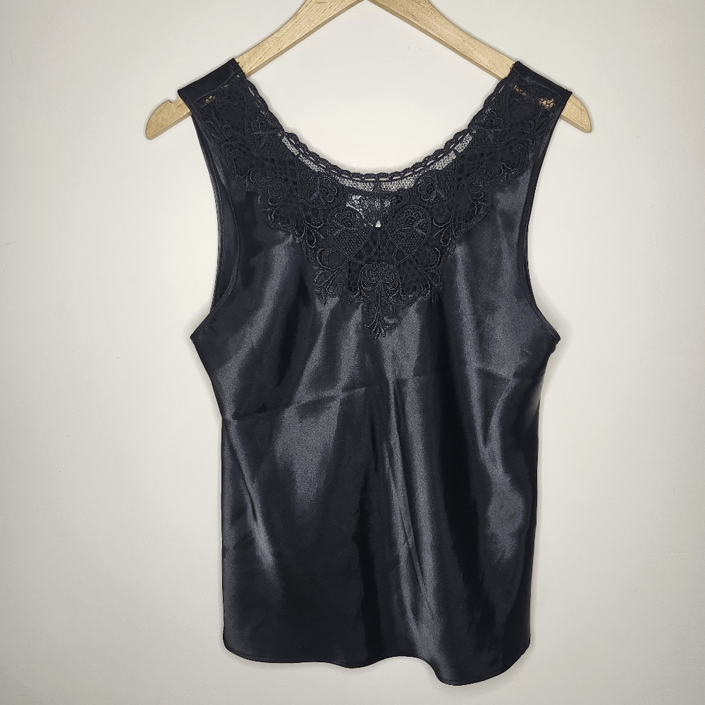 Black Satin Lace Tank Top Sleeveless Blouse Cami Elegant Dressy Women's - Picture 4 of 7
